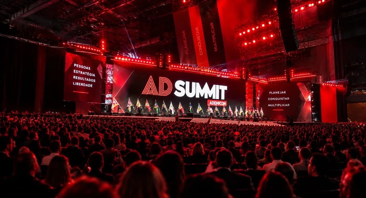 AD SUMMIT Ademicon — palco com letreiro, bandeiras e plateia sob iluminação vermelha